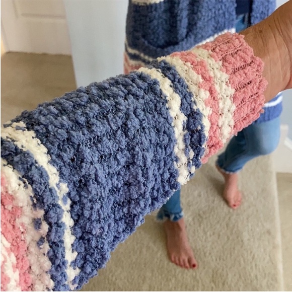 Pink, Blue & Off White Stripe Popcorn Texture Open Cardigan - Picture 10 of 10